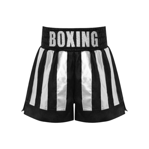 Hansber Kids Boys Sparkle Boxing Trunks Kickboxing Fight Match Muay Thai Training Boxer Shorts Black Silver 10