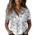 thumbnail image 2 of Button Down Shirts for Women, Cotton Printed Fashion Down Tops Short Sleeve Blouse, Grey S-XXL, 2 of 5