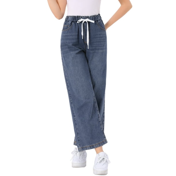 Jeans de pierna ancha para mujer INSPIRE CHIC con cintura elástica y cordón, pantalones de mezclilla casuales con bolsillos, gris azul XS