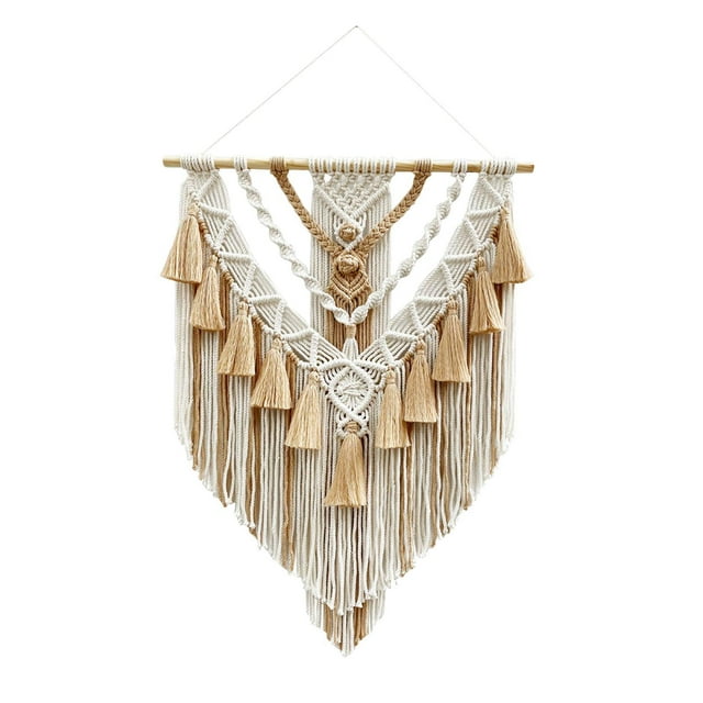 Tapiz de macramé bohemio con flecos, hecho a mano, tejido con borlas para colgar en la pared. Caqui