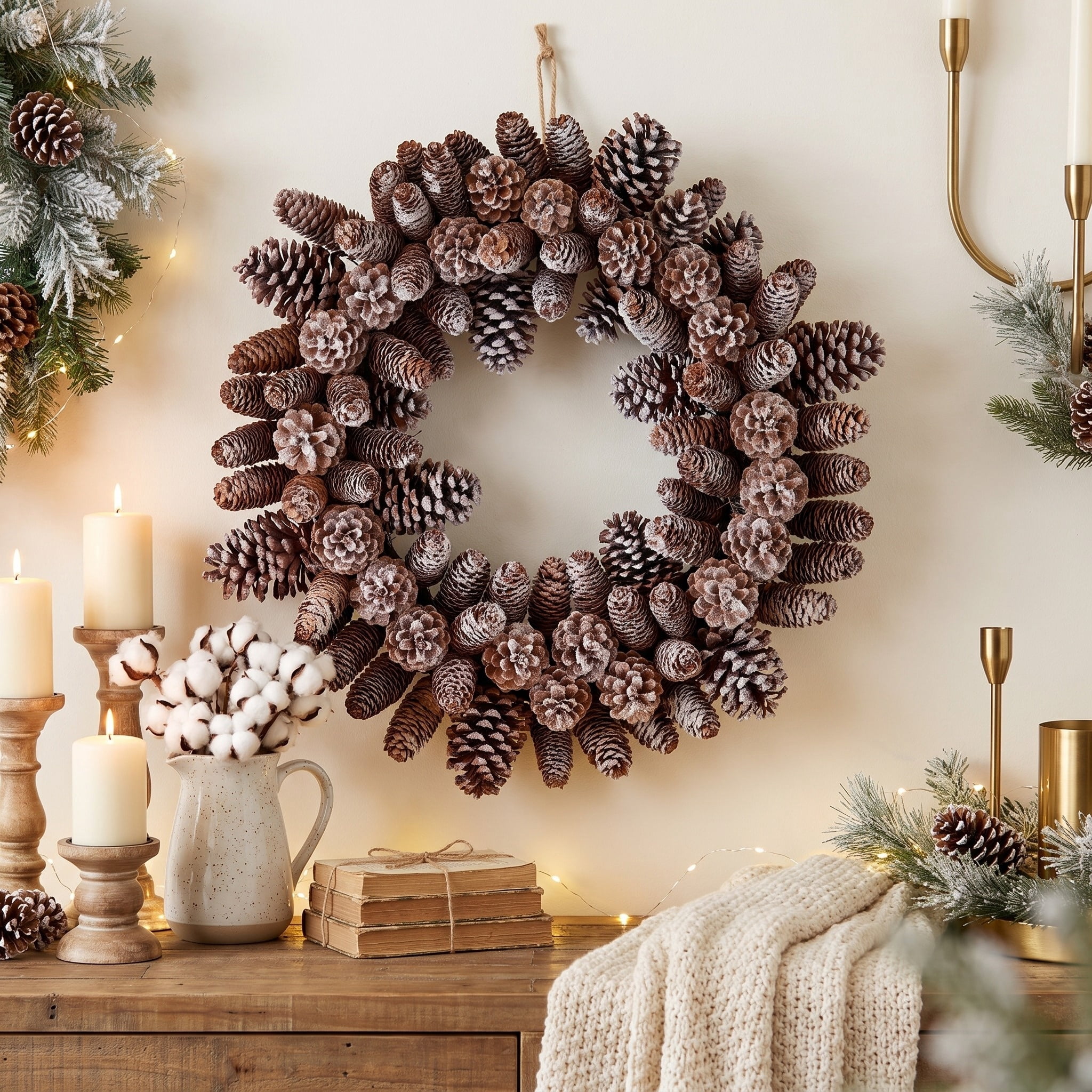 Snow-Flocked Pinecone Christmas Wreath, Brown and White, 24", by Holiday Time