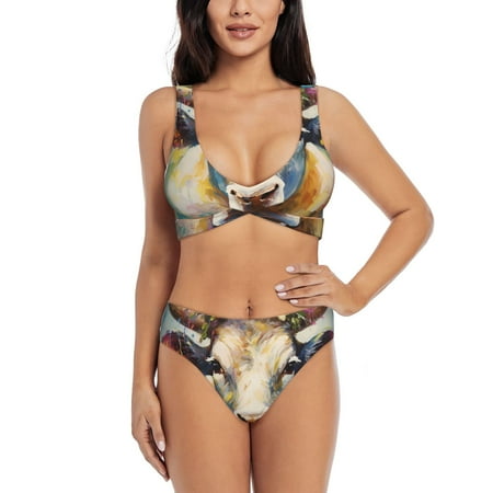 Zeuib Oil Painting Flower Cow High Waisted Tummy Control Bikini Set - Knot Front Push Up Top & Cheeky Thong Bottom  Two-Piece Swimsuit for Women-X-Large