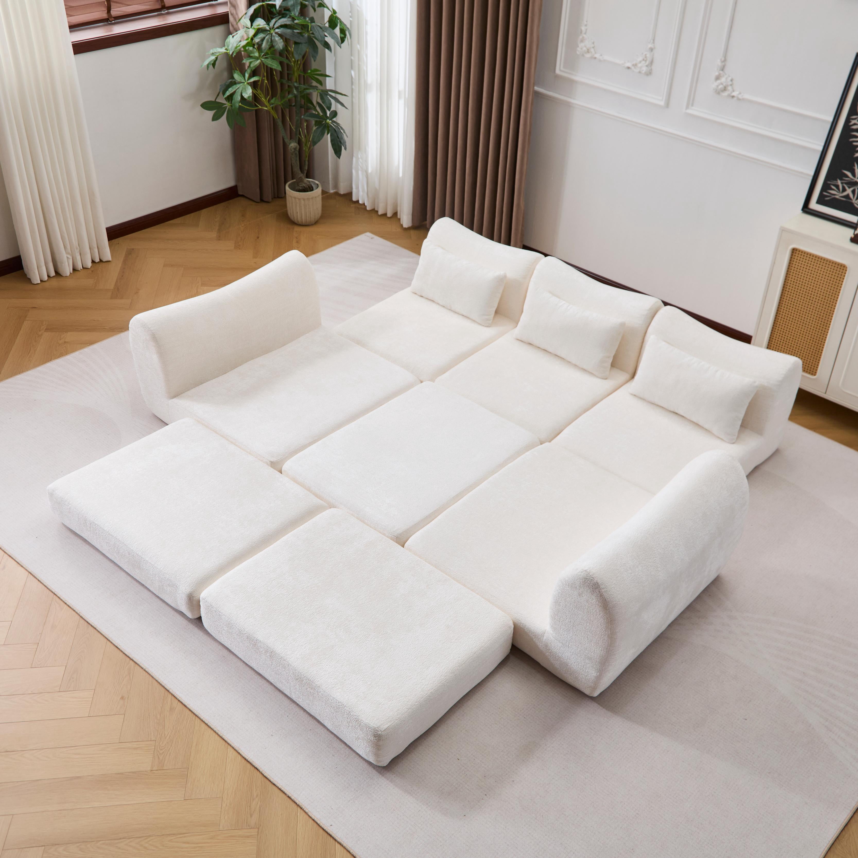 BSHTI Foldable Wave Star Modular Sofa, Chenille Fabric, 4-in-1 Modern Couch for Living Room, Modular Sectional Sofa with Chaise, Free Combination 3 Seater Sofa, White