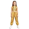 thumbnail image 3 of Aislor Girls Jazz Hip Hop Dance Outfit Sleeveless Sequin Ruffles Crop Top with Pants Streetwear Gold 14, 3 of 7