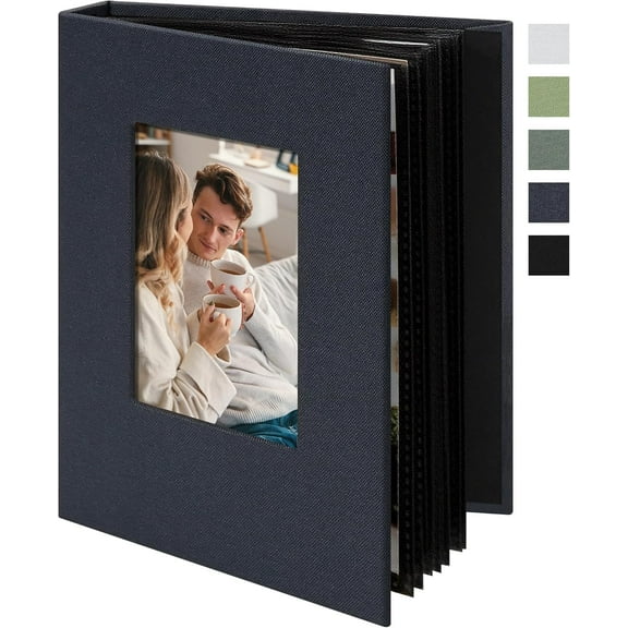 HearthHarmony Small 4x6 Photo Album 24 Pockets Linen Cover with Front Window Portable Mini Picture Book for Travel Wedding Memories Organizer Gray Blue