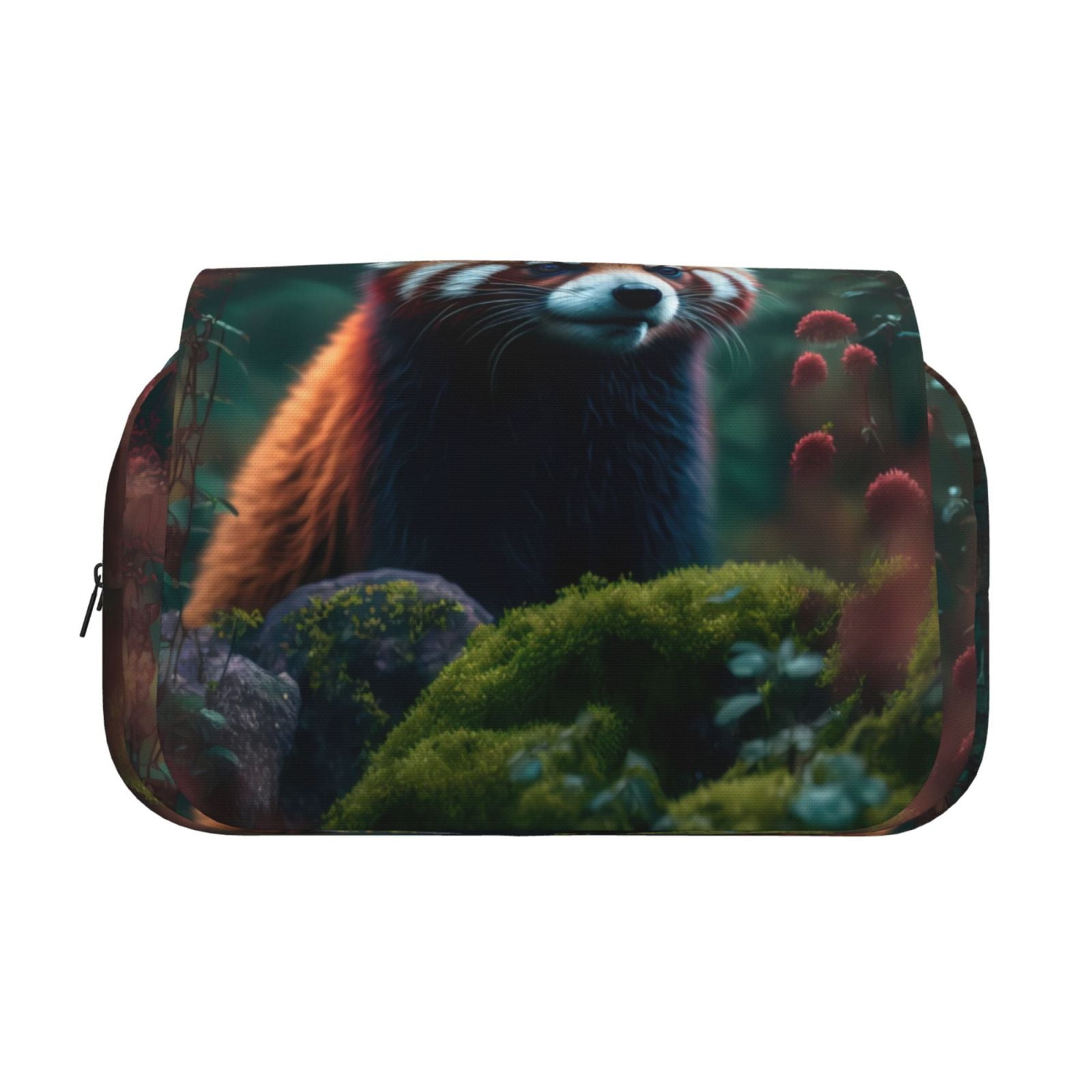 Rateoe Forest Plant Raccoon Pattern Double Clamshell Pen Case, Storage Organizer with Two Zipper Compartments– Holds Up to 50 Pencils & Pens