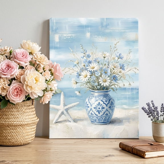 Canvas Wall Art Summer Ocean Flower Canvas Art Print Country Nautical Sea Starfish Oil Painting Style Wall Decor for Living Room Bedroom Artwork Decorations Stretched Framed Ready to Hang 8"x10"