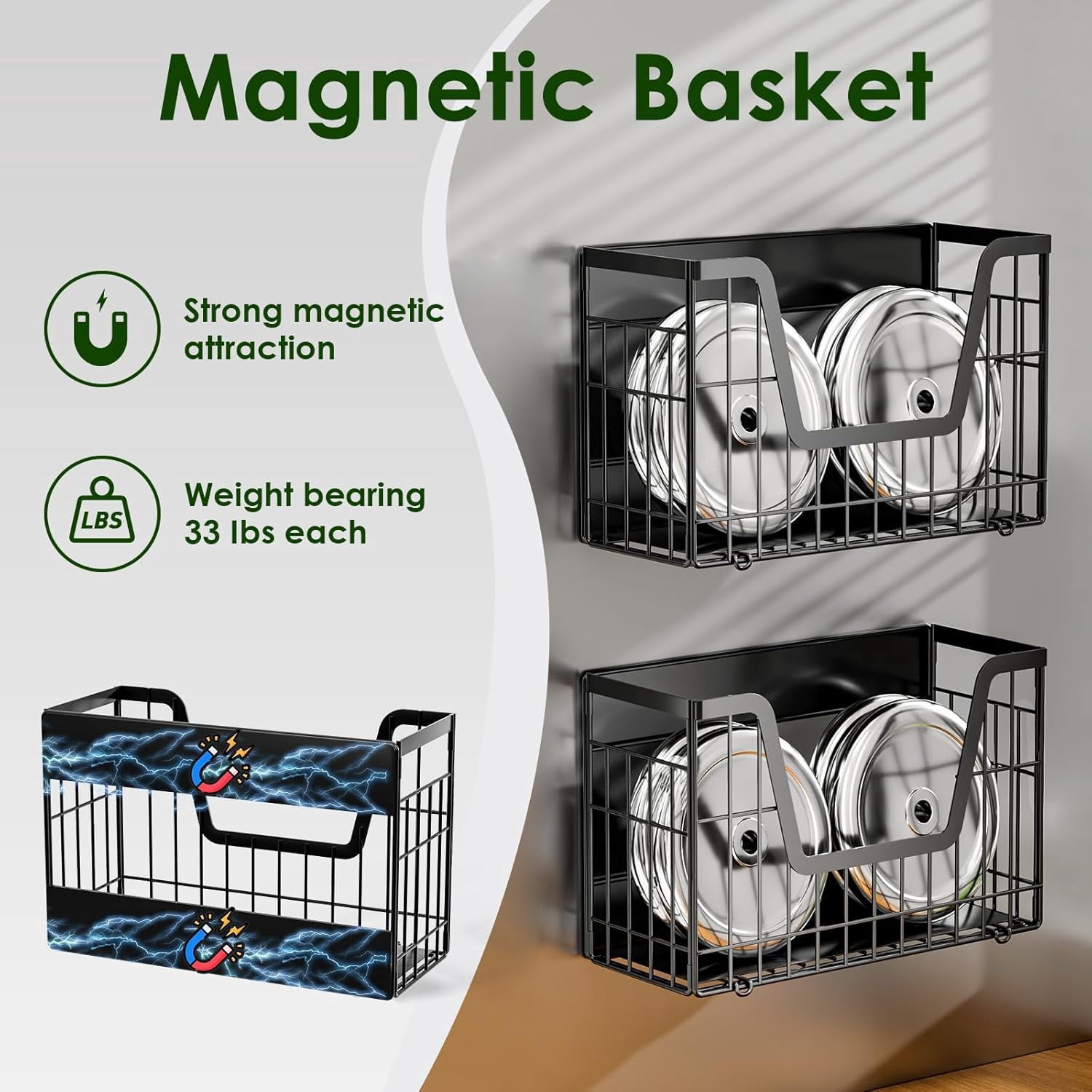 2 Set Magnetic Shelf for Fridge, Potato & Onion Storage Bins, Magnetic Fruit Basket for Refrigerator Pantry Kitchen Counter Laundry, Magnetic Fridge Organizer Spice Snacks Magnet Fridge Shelf Black