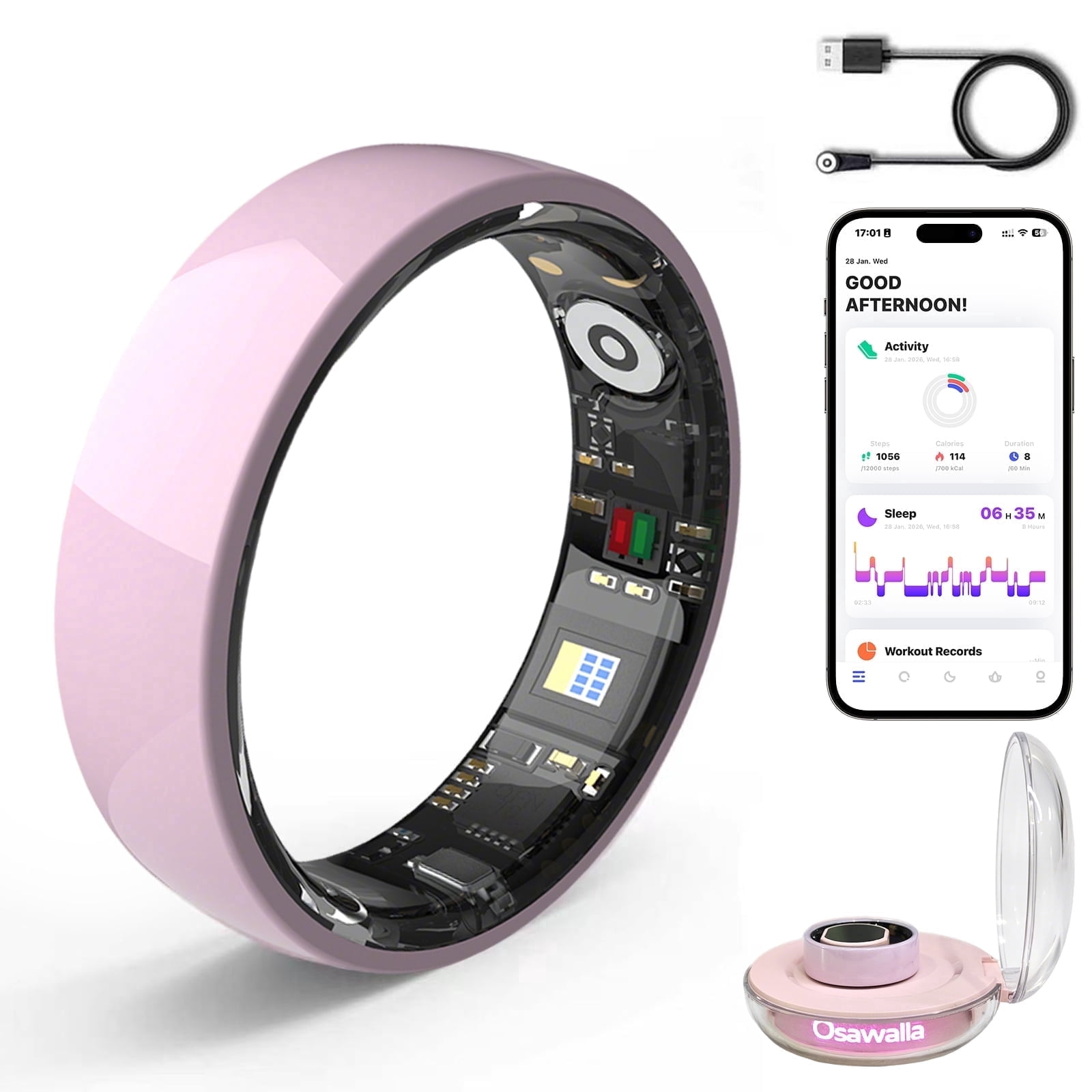 Osawalla mart Ring for Women, Pink Ceramic, 5-7 Day Battery, No Subscription