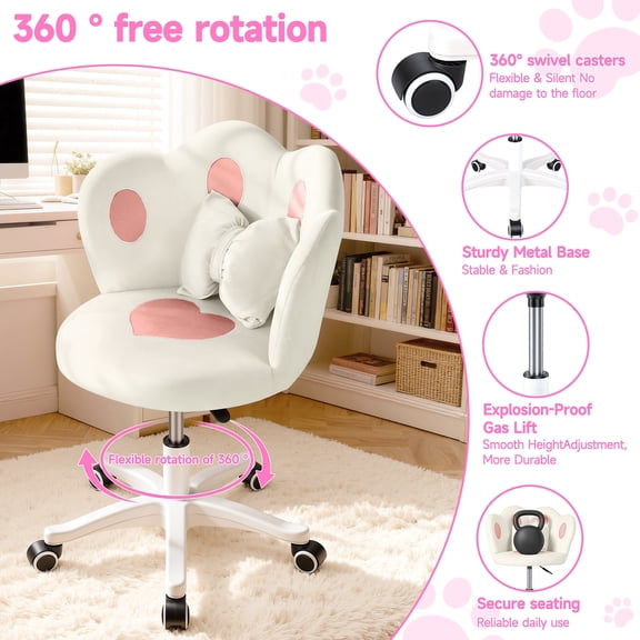 Tereitr Kids Desk Chair with Bow Pillow, Adjustable Height, 360 Degree Swivel Rolling Wheels, Ergonomic Study Chair for Girls Bedroom
