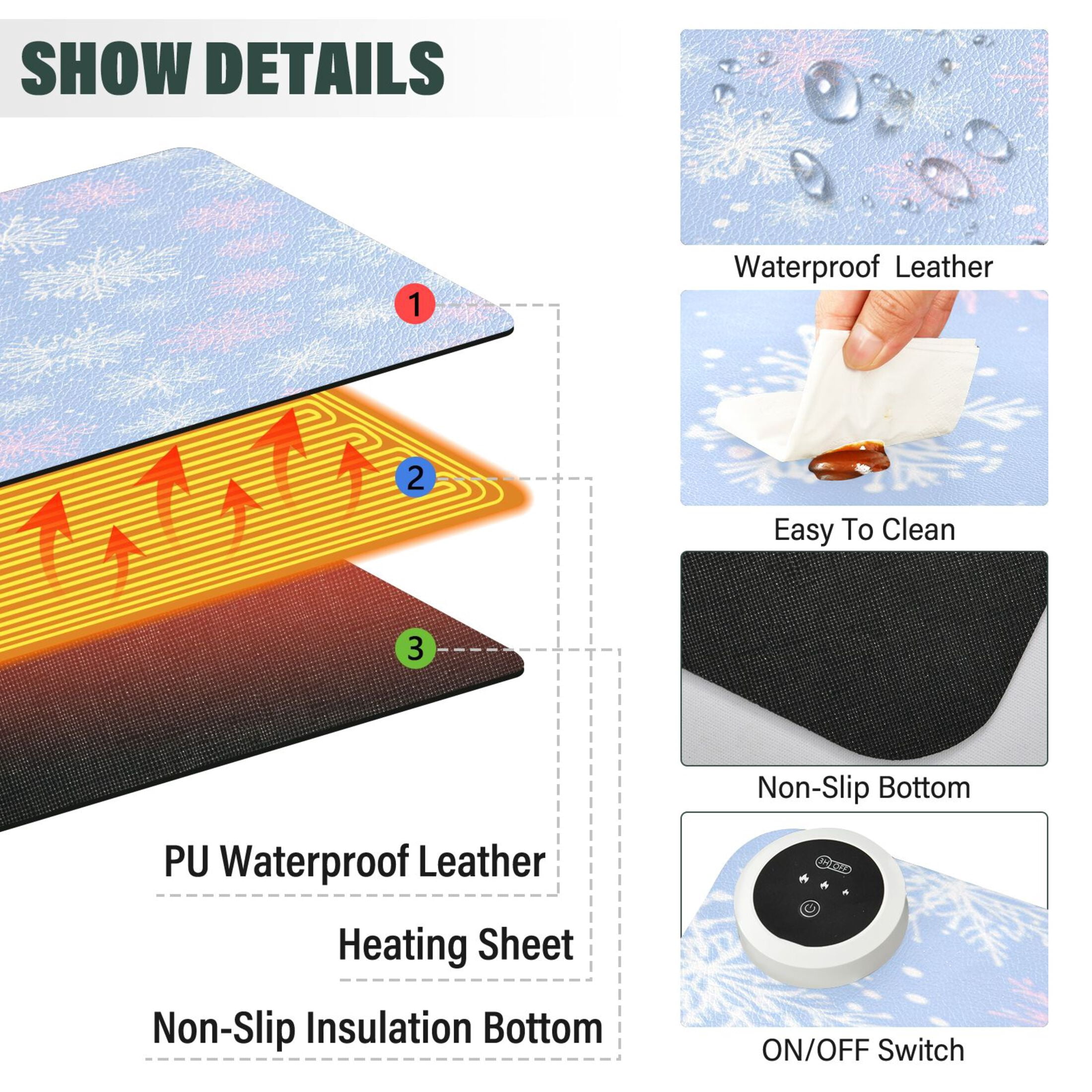 Large Heated Desk Mat Mouse Pad 31.5"x13"PU Leather Graphene Heating Desk Warmer with 3 Temperature Settings 110V US Plug Non-Slip Warm Pad for Home, Office, and Gaming Pale Blue Snowflakes Pattern