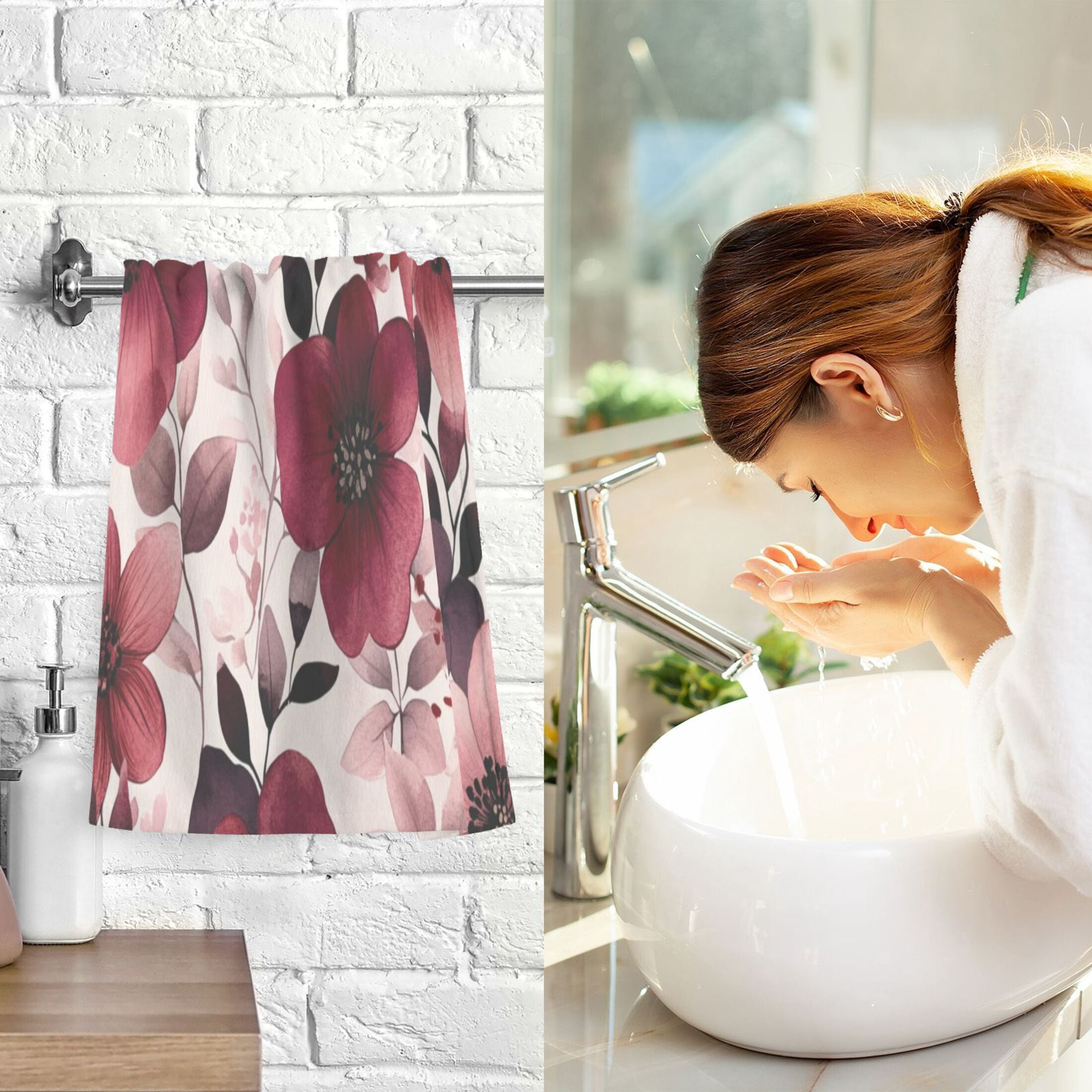 Cotton Towel Two-Piece 16x28 Inch One Sizex2 Face Towel Set Towel Set Cotton Hand Bath Towel Bathroom Beach Maroon Flowers
