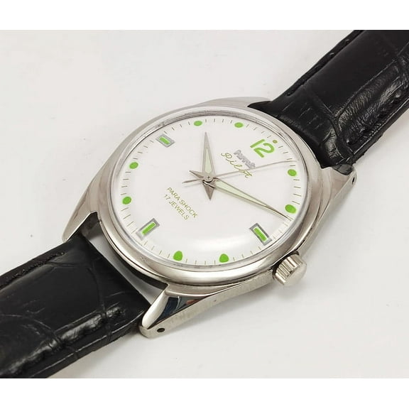 Vintage HMT Pilot Para Shock 17 Jewels Hand Winding White Dial Black Leather Strap India Made Wrist Watch