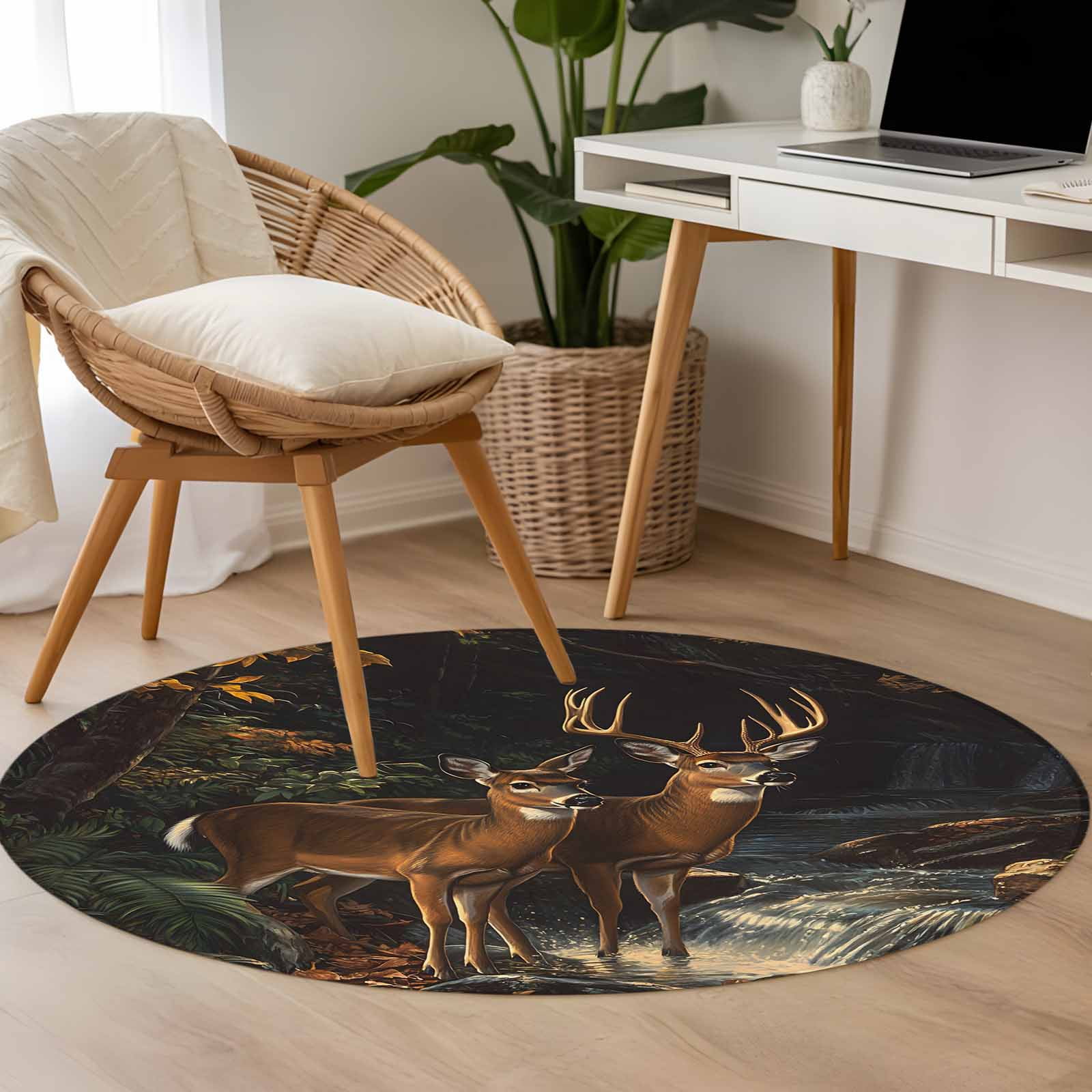 Round Rugs 3 Ft, Autumn Deer Non Slip Area Rugs for Kitchen Bedroom Entryway, Forest River Elk Vintage Washable Carpet Runner Rug Floor Mats for Bedroom Home Decor