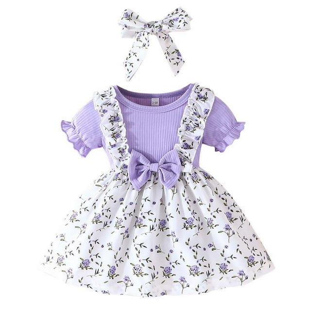 Robe Enfant Fille Été Col Rond Côtelé avec Bretelles Décoratives Bandeau Floral Robe en Dentelle Robe Bébé Fille Violet 9 Mois-12 Mois