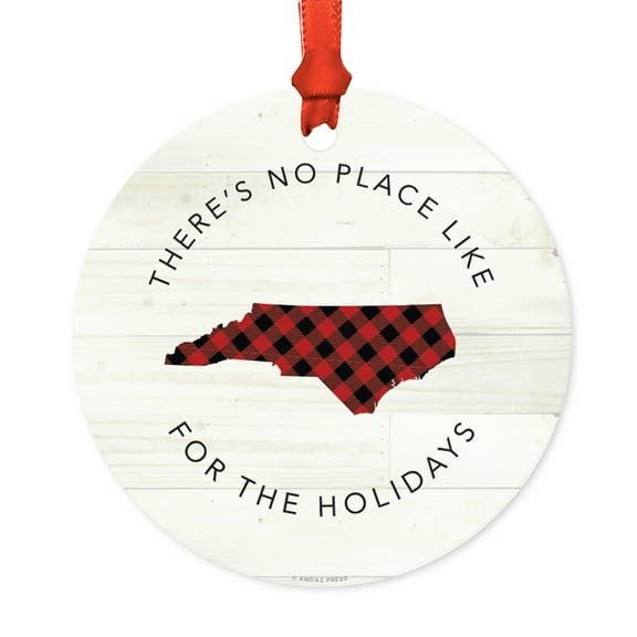 US State Round Metal Christmas Ornament, Red Plaid on Light Rustic Wood, North Carolina, Includes Ribbon and Gift Bag