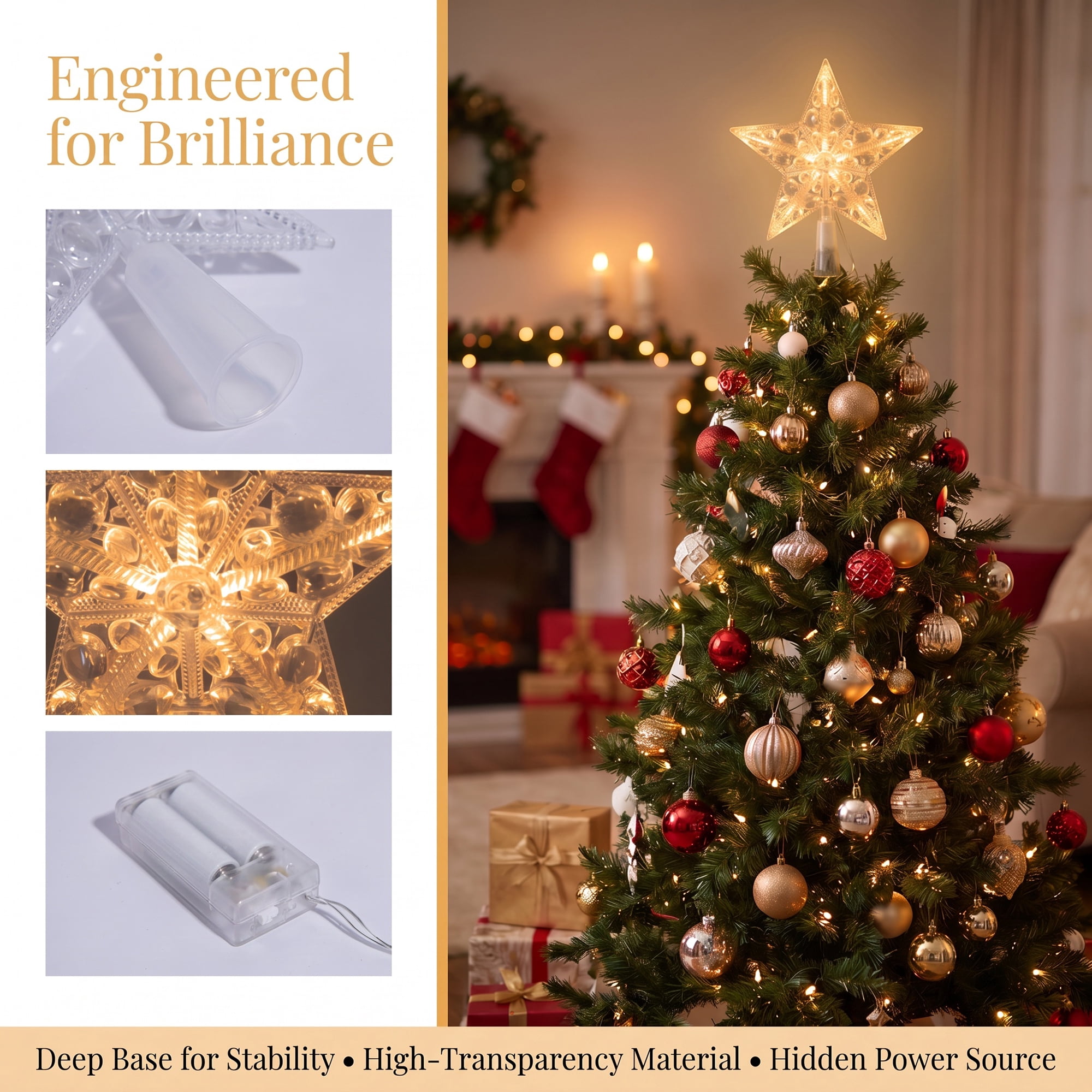 Unique Bargains Tree Finial Battery Operated Spring Mount Star White Lights 7.9"