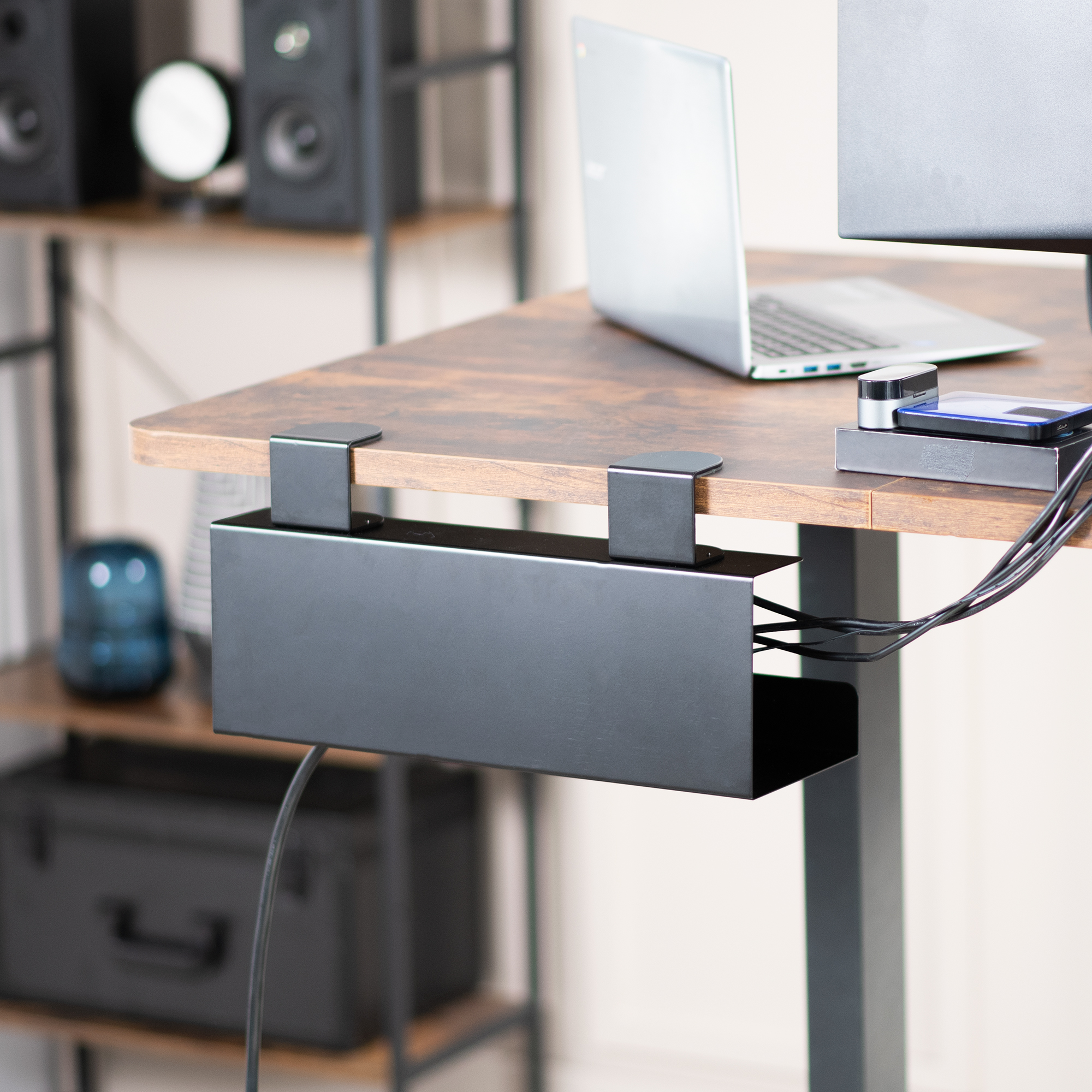 VIVO Black 17 inch Clamp-on Cable Management Power Strip Tray System for Desk