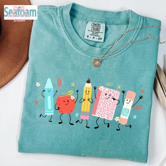 Cute School Supplies Shirt | Back to School Teacher T-Shirt | Crayon Pencil Notebook Apple Glue Stick Tee
