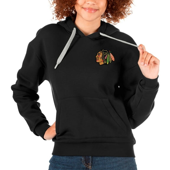 Women's Antigua Black Chicago Blackhawks Primary Logo Victory Pullover Hoodie