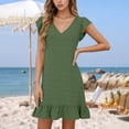 thumbnail image 4 of OSOLU Solid Color Women Casual Dress V-Neck Midi Dress With Cap Sleeve Ruffle Detail For Daily Wear Vacation Beach Spring Summer Dresses Holiday Hawaiian Flowy Sundress, 4 of 8