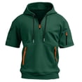 thumbnail image 2 of Mens Tactical Short Sleeve Half Zip Hoodie Muscle Fit Pullover Sweatshirt Cargo Arm Pocket Drawstring Hood Zipper Pocket Summer Streetwear Dark Green 3XL, 2 of 5