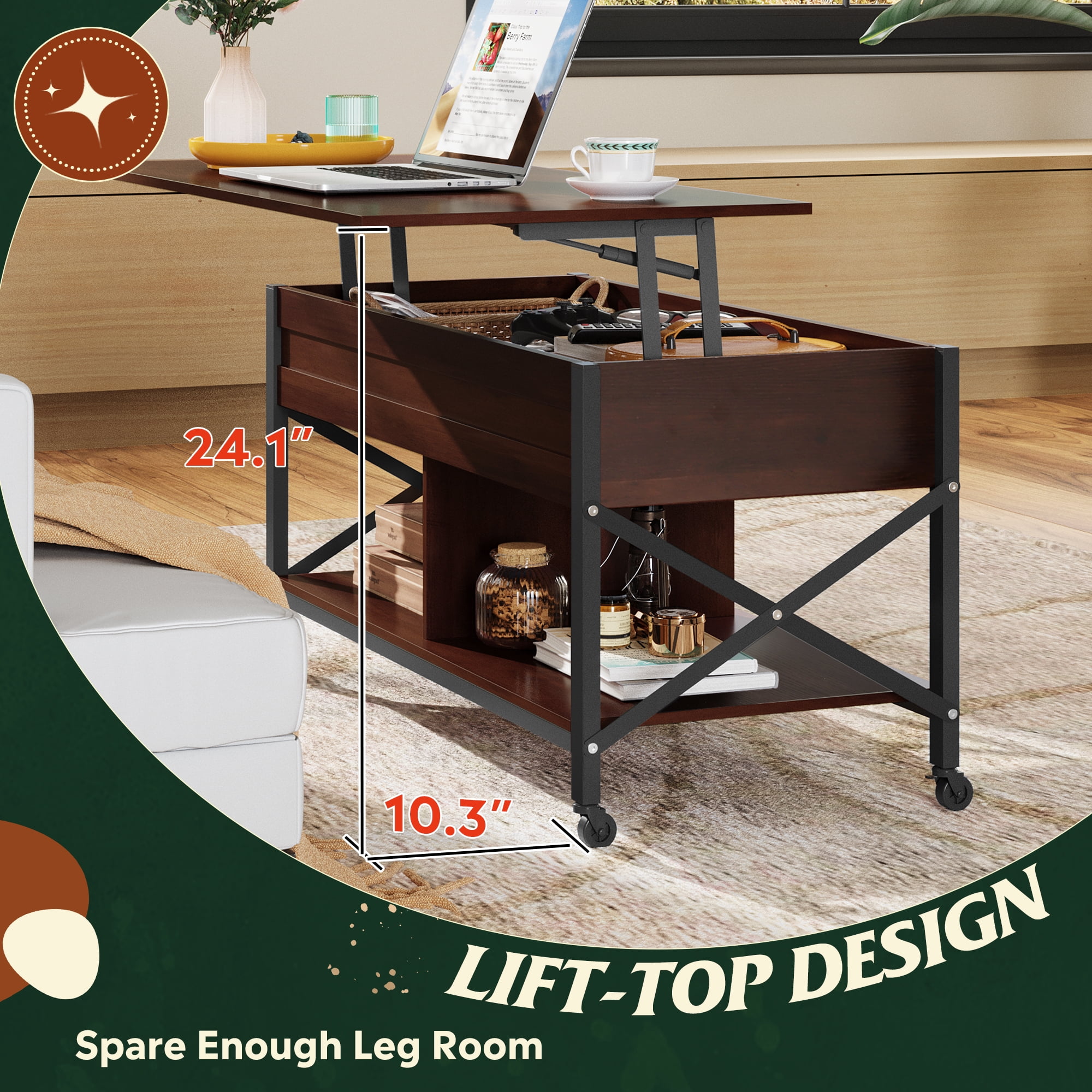GALAXHERO Coffee Table, 41.3" Lift Top Coffee Table with 4 Wheels, Hidden Compartment, Storage Shelf and Lift Tabletop for Living Room, Reception Room, Espresso
