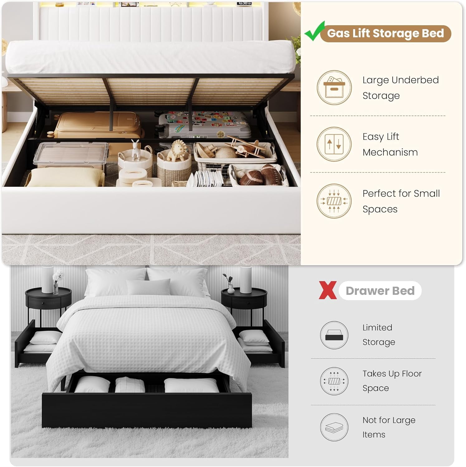SHA CERLIN King Size Lift Up Storage Bed Frame, LED Lights, Charging Station, 2-Tier Shelves Headboard, USB Type-C Ports, Velvet Upholstered, Hydraulic Support, Noise Free, White