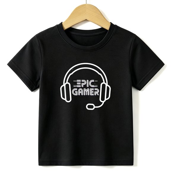 Boys Graphic Tees Epic Gamer Kids T Shirt Headset Cool 100% Cotton Short Sleeve Soft Tops 4-13Y Black
