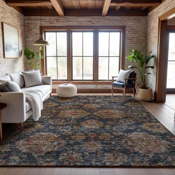 Addison Rugs Mayfield Premium Machine Washable Traditional Damask Navy Rectangle Rug, 5' x 7'6"