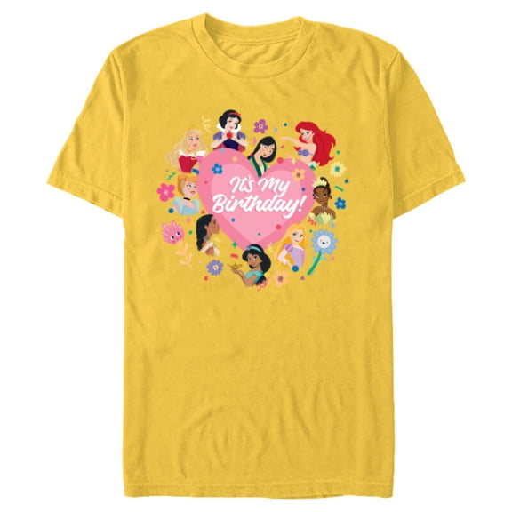 Disney Princess Pink Heart and Flowers It’s My Birthday - Short Sleeve Blended T-Shirt for Adults - Customized-Yellow