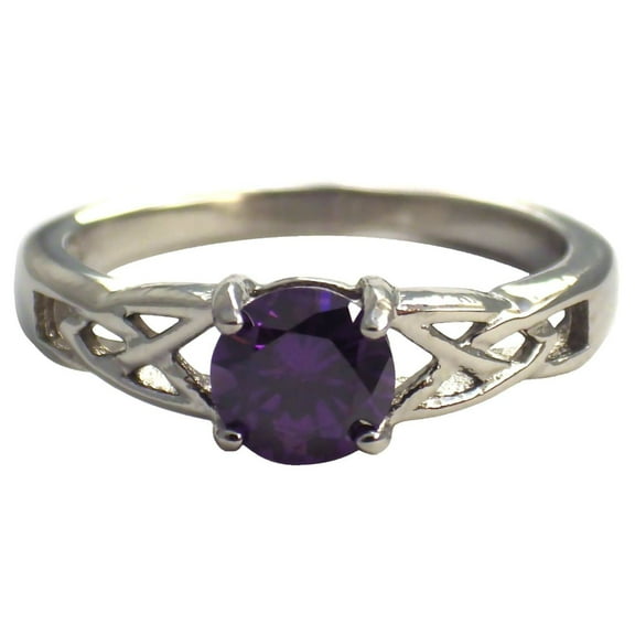 February Celtic Birthstone Ring Amethyst Purple Cubic Zirconia 316L Stainless Steel Band Fantasy Forge Jewelry