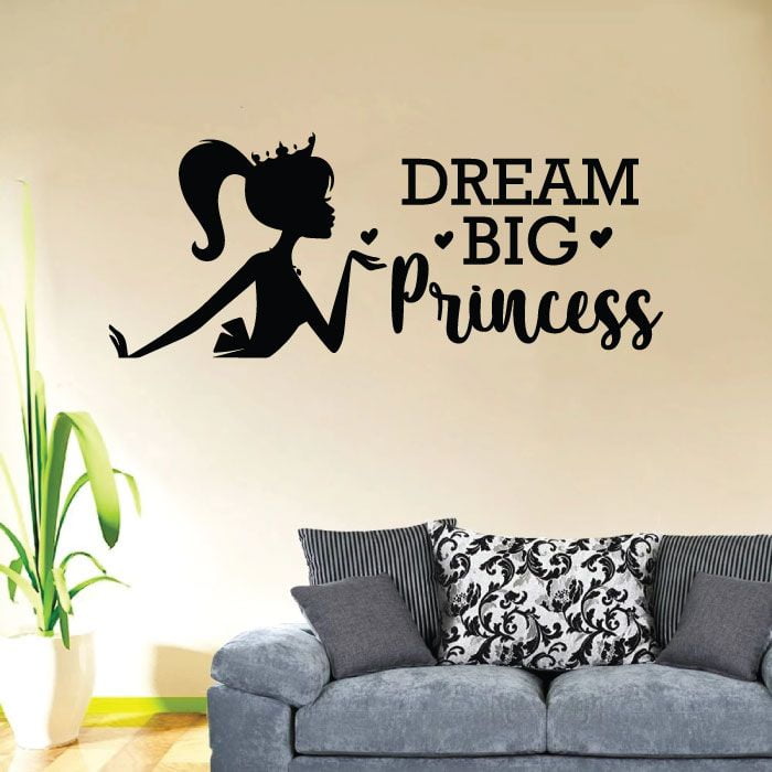 Soft Pink Dream Big Princess with Crown Wall Decal Vinyl Sticker for Kids Baby Girls Bedroom Decoration Nursery Home Decor Mural Design YMX18 
