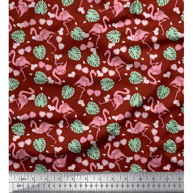 Soimoi Rouge Voile de Coton Monstera Feuilles & Flamants Roses Oiseau Tissu Imprimés par Yard 56 Pouces de Large