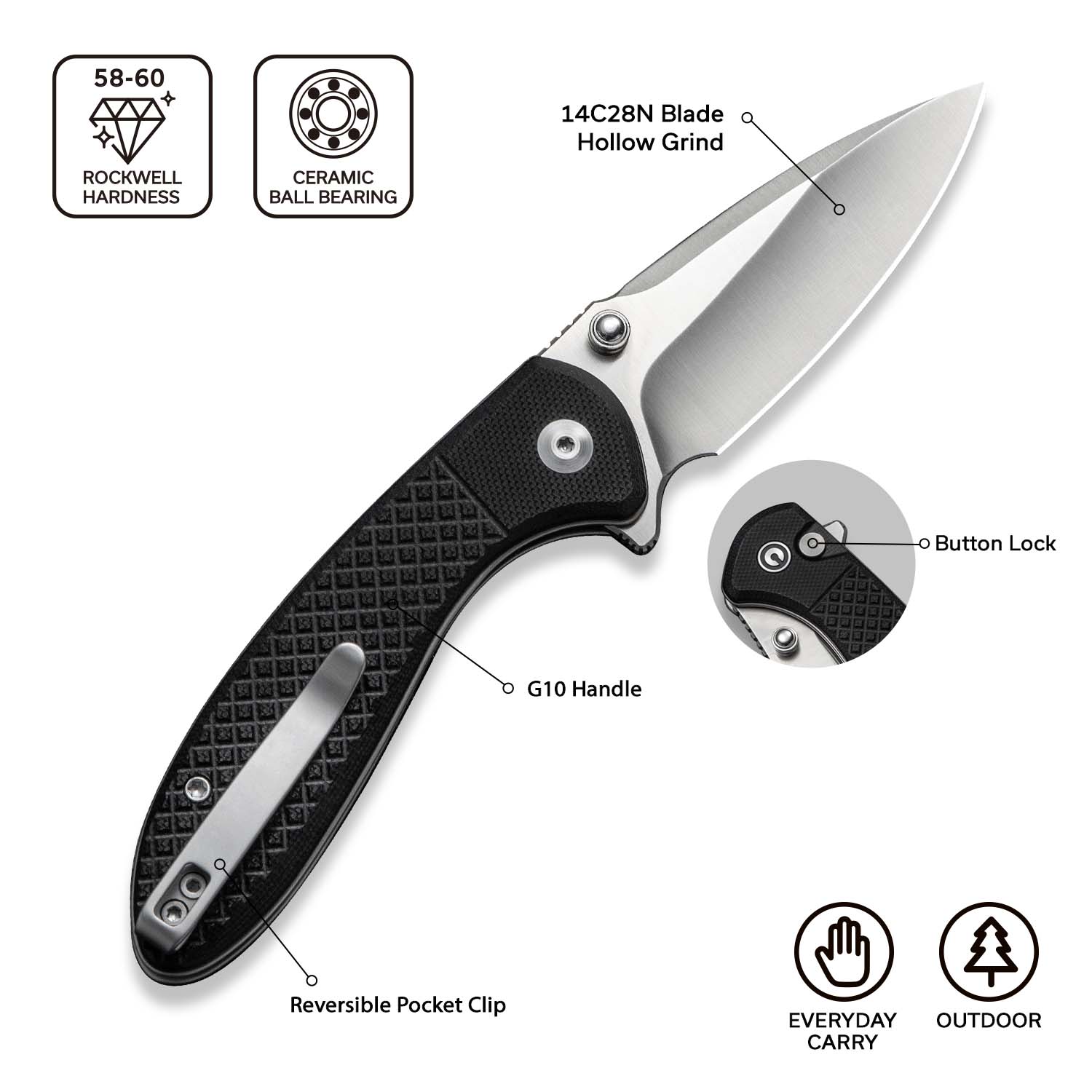 CIVIVI Faeger Pocket Folding Knife with 2.98" 14C28N Blade and Milled OD Green G10 Handle C24031-1