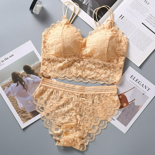 Conjunto de sujetador y bragas de encaje para mujer lenceria Sexy Bralette acolchado de cintura baja ropa interior Sexy sin aros suave intima Walmart en linea