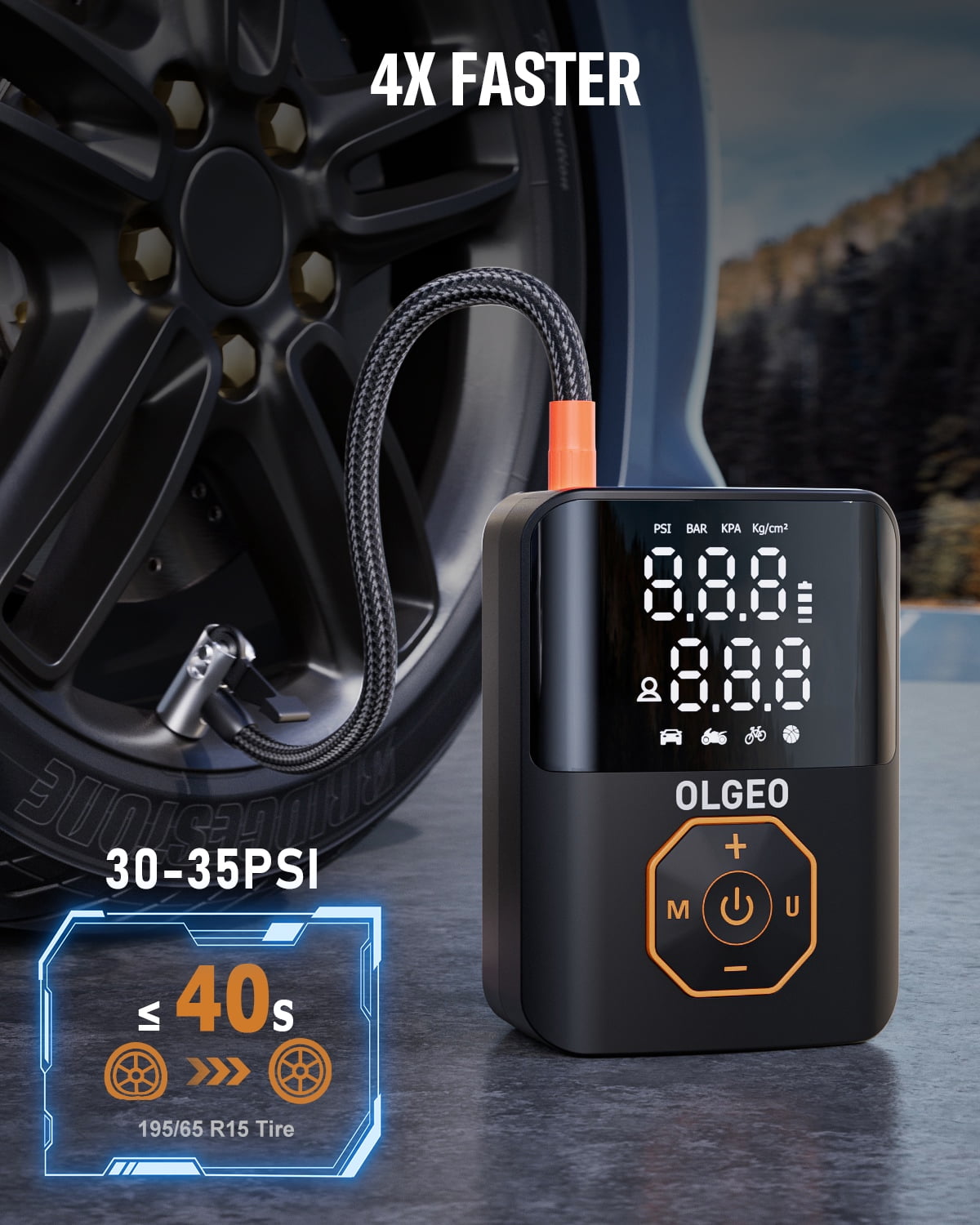 OLGEO Tire Inflator Portable Air Compressor, 160PSI Tire Pump with Digital Pressure Gauge, LED Light and Auto Shut-off, Cordless Tire Inflator for Car Motor Bike Ball