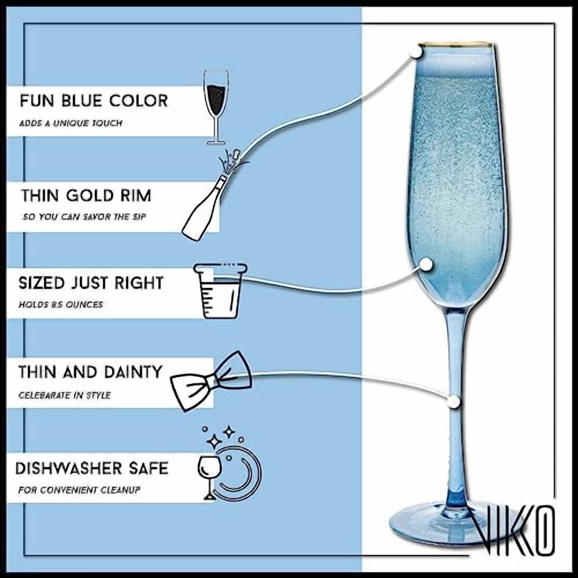 Vikko Champagne Flutes, 8.5 Ounce Toasting Champagne Flute, Blue with Gold Rim Crystal Clear Champagne Glasses, Set of 4 Elegant Sparkling Wine Glasses