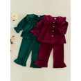 thumbnail image 2 of RUINIXCW 2Pcs Toddler Girl Velvet Outfit Puff Long Sleeve Doll Collar Solid Color Button Front Tops and Bell Bottom Pants Set, 2 of 9