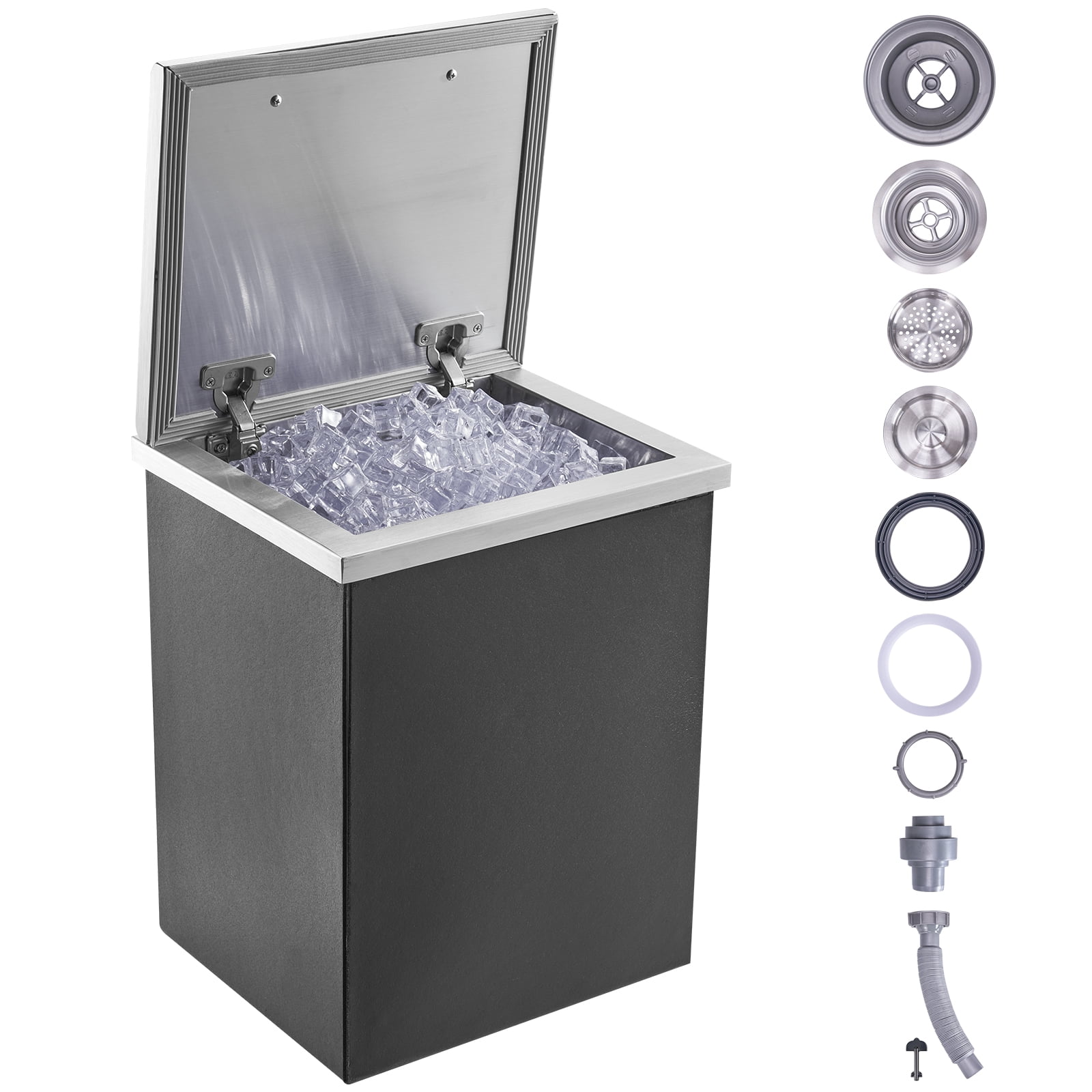 KFFKFF Inset Ice Storage, 14"L x 12"W x 18"H Stainless Steel Chilled Container, Professional Ice Holder with Flip Lid, 40 qt Patio Kitchen Ice Station, Drainage Tube and Drain Stopper Included