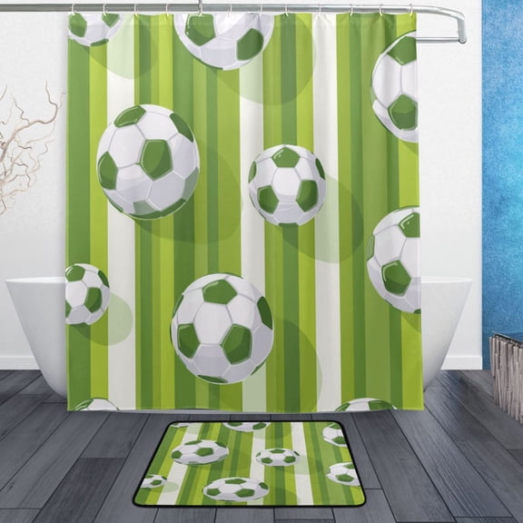TTYFWHD 60" x 72" Shower Curtain and Bath Mat Set Green Footballs Pattern Waterproof Bathroom Curtain with 12 Hooks, Bathroom Decor Set