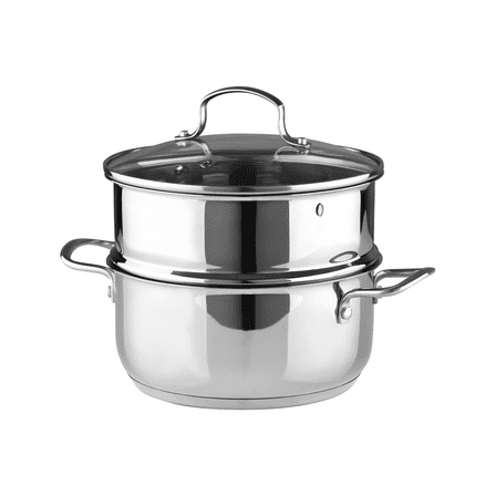 Essentials by Bergner - 2.6 Qt Covered Stainless Steel Soup Pot with Steamer Insert and Vented Glass Lid, 2.6 Quart, Polished