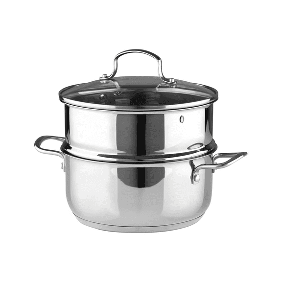 Essentials by Bergner - 2.6 Qt Covered Stainless Steel Soup Pot with Steamer Insert and Vented Glass Lid, 2.6 Quart, Polished