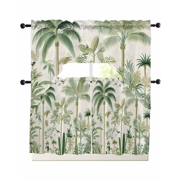 Green Palm Tree Kitchen Curtains Swag Valance and Tier Curtains Set 36 Inch Length, Summer Beach Cactus Rod Pocket Drape Panels Pair Swag Curtain for Bathroom/Cafe/Window