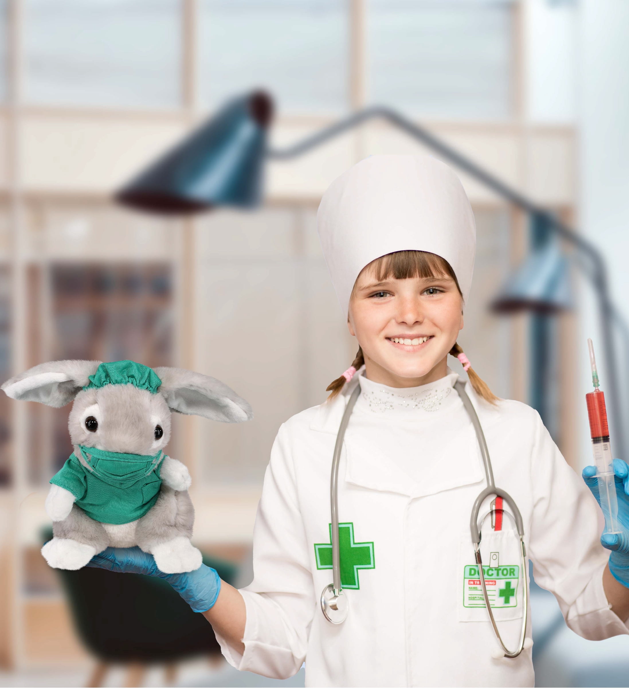 DolliBu Grey Rabbit Doctor Plush Toy - Super Soft Grey Rabbit Doctor Stuffed Animal Dress Up with Cute Scrub Uniform and Cap Outfit - Fluffy Doctor Toy Plush Gift - 6.5 Inches