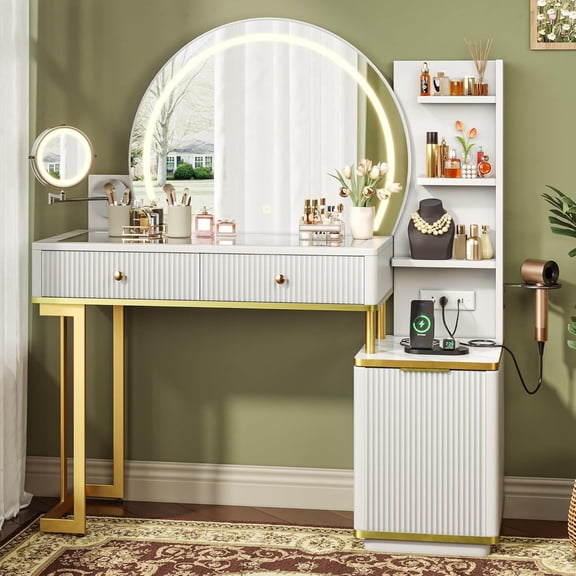 Virans Vanity Desk with Round Mirror, Lights and w/5x Magnifying Mirror ,Glass Top Makeup Vanity Desk,Dressing Table with Power Outlet & Adjustable Storage for Bedroom,White