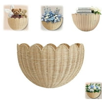 Scalloped Wall Basket,Hand Woven Hanging Wicker Wall Baskets Set, Scalloped Rattan Wall Basket Decor for Home,Bathroom,Living Room Organizing, 2pcs, 16 x 10 x 7 Inch