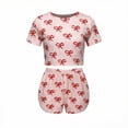thumbnail image 4 of VONCOS Womens Soft Breathable Short Sleeve Pajama Set, Cute Pink Bow Print Cropped Top & Elastic Waist Shorts,Size L, 4 of 4