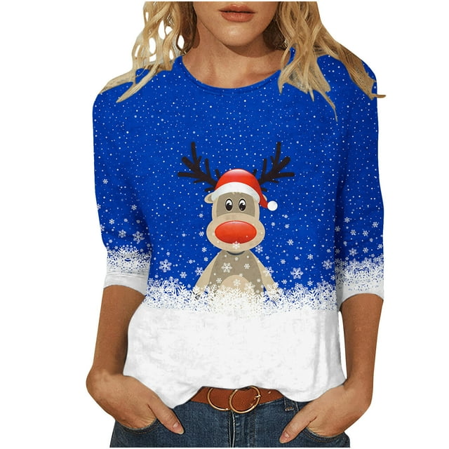 Women's Round Neck Three Quarter Sleeve Christmas Printed Top
