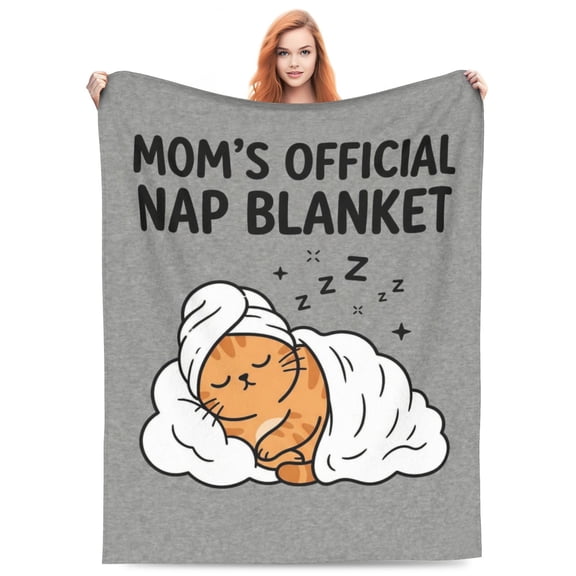 Funny Mother's Day Present Sleeping Cat Blanket, "Mom's Official Nap Blanket" Cute Humor Plush Fleece Throw 50x40